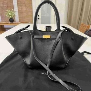 Demellier The Midi Tote Black Grained Leather Gold Hardware Detachable Strap